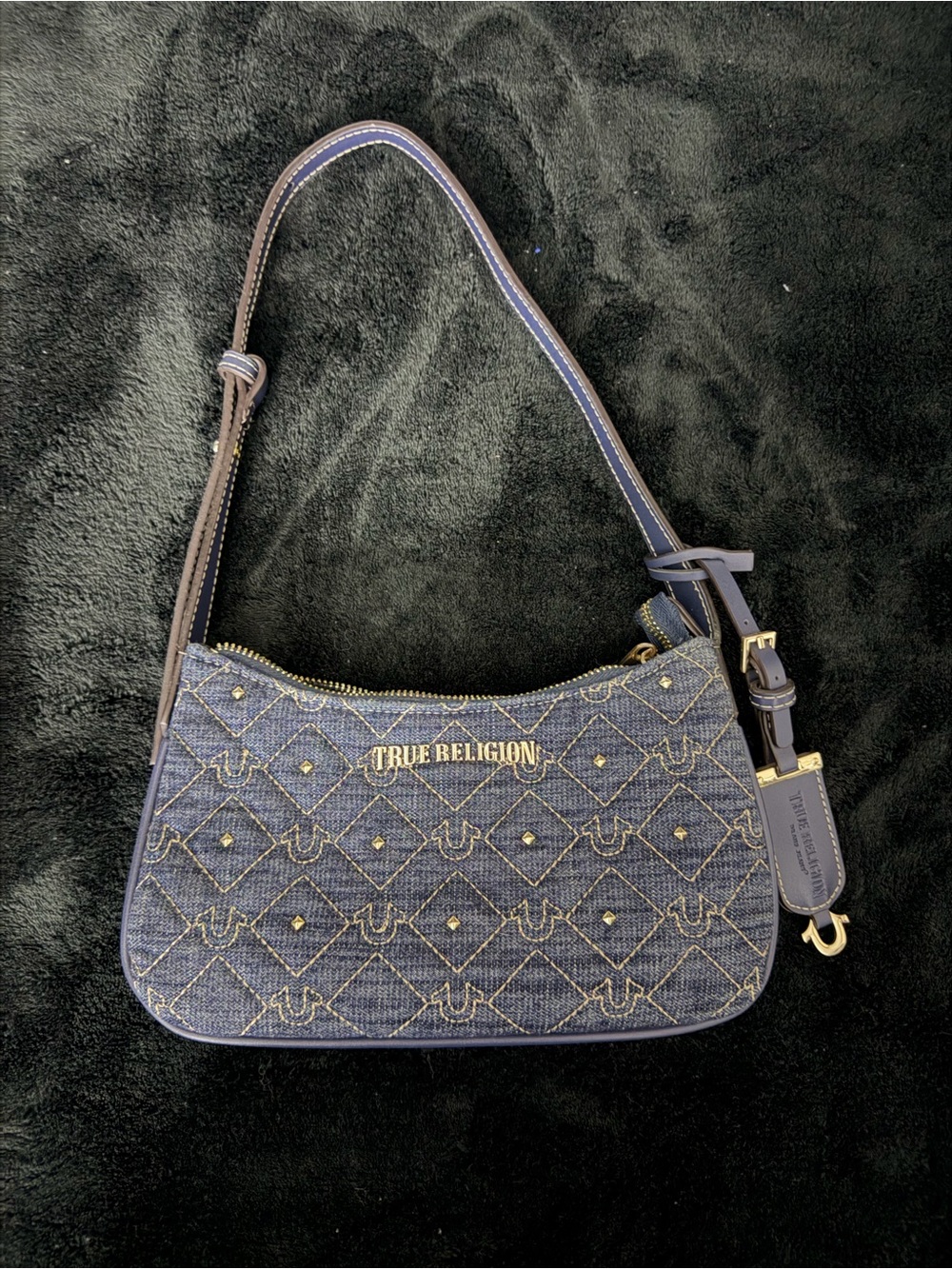 True Religion Denim Quilted Logo Shoulder Bag with Gold Accents